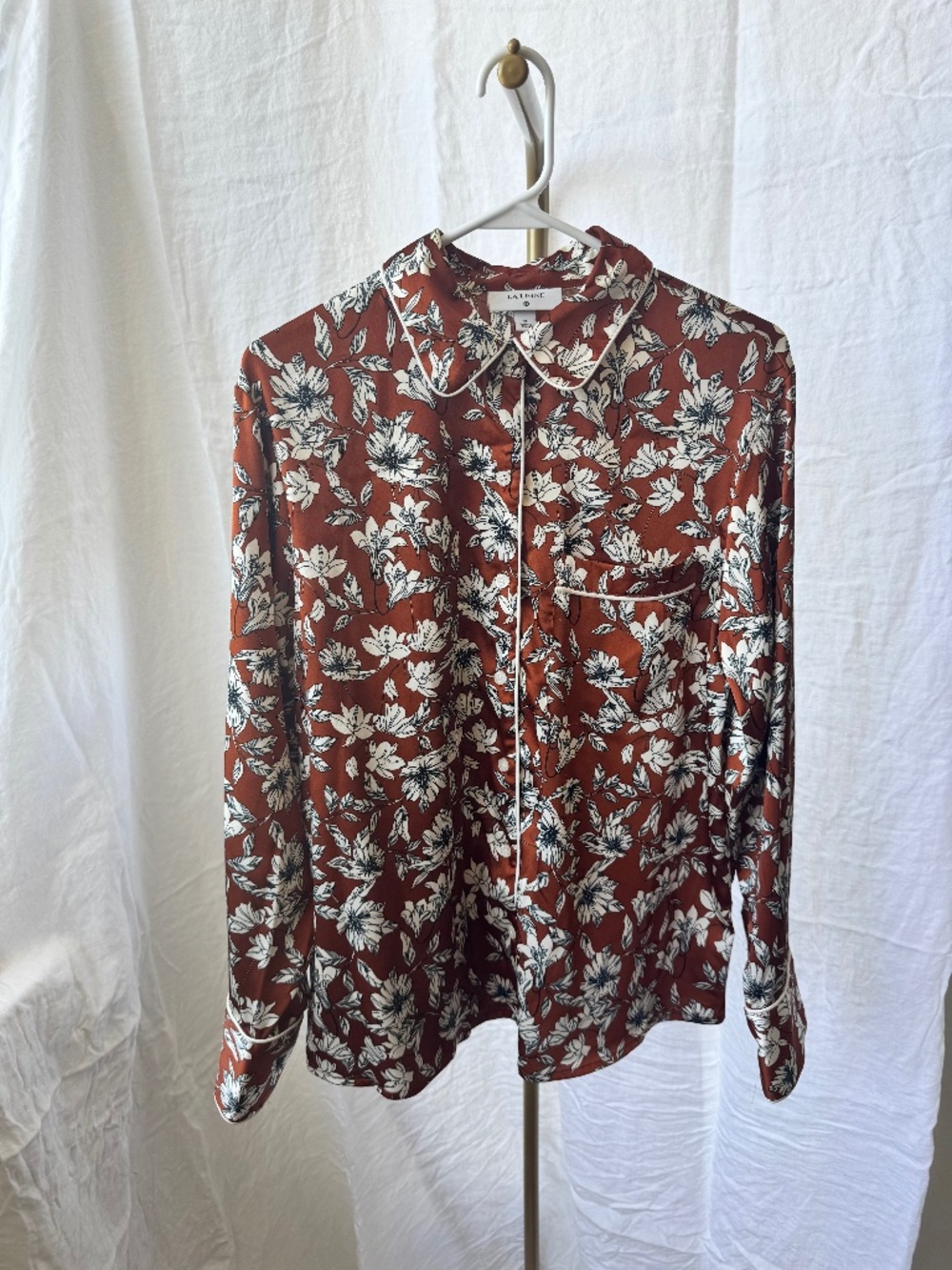 La Ligne Brown Satin Floral Pajama Style Top | Size M